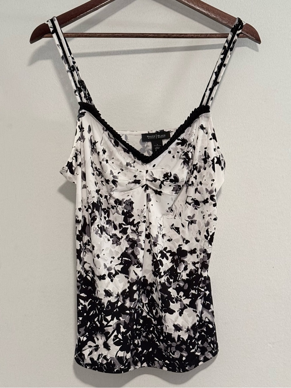 White House Black Market Black White Floral Ruched Camisole Top Size L